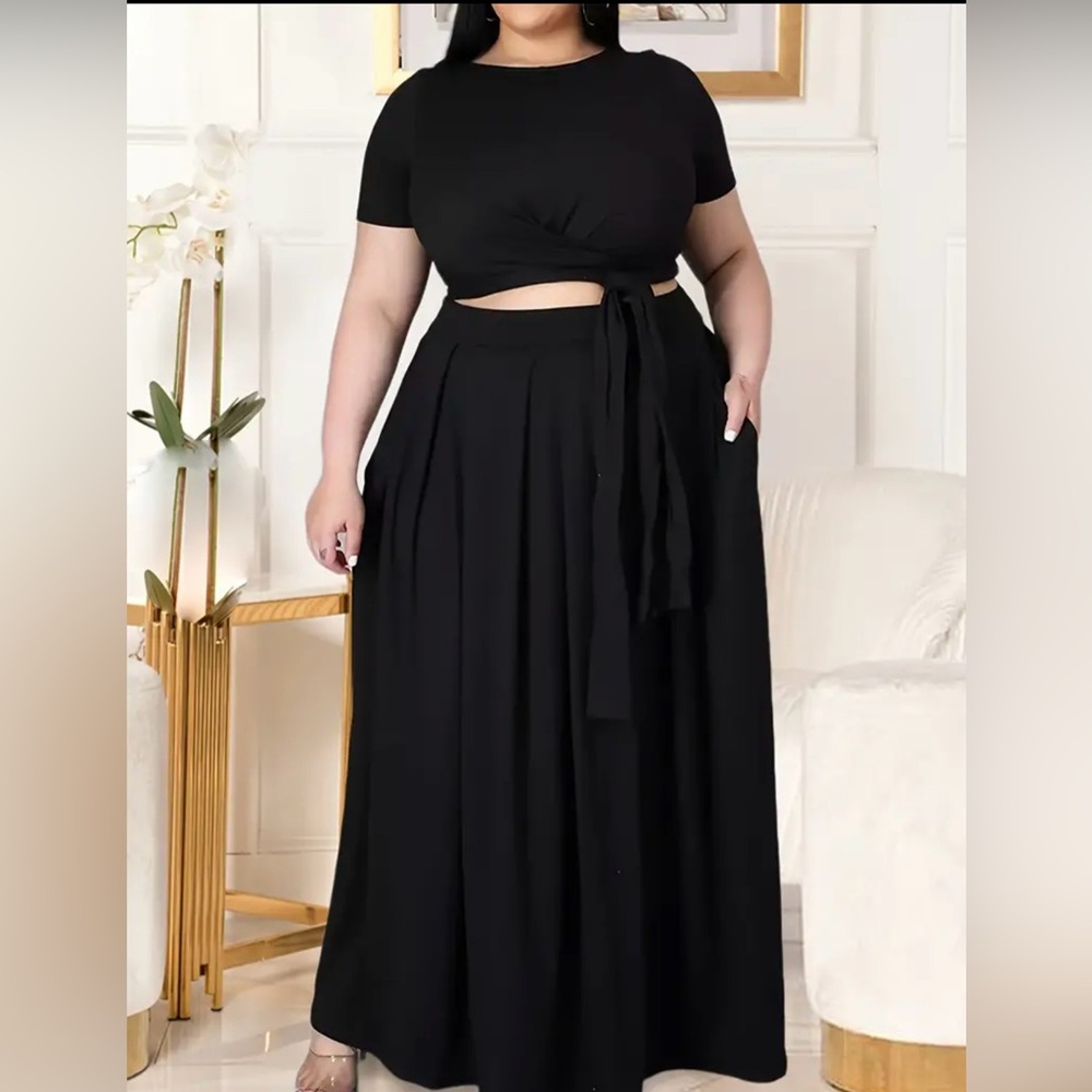 Plus Size Women's Plus Plain Short Sleeve Crop Top Side Knot & Maxi Skirt